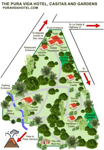 a map of the rufa vida hotel c estates and gardens at Pura Vida Hotel in Alajuela City