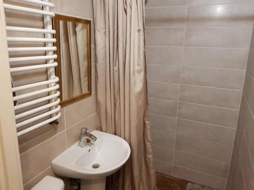 a bathroom with a sink and a toilet and a shower at Dream Forest in Tukholʼka