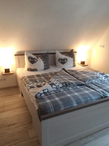 een slaapkamer met een bed met kussens en 2 lampen bij Ferienapartment-Monteurwohnung-Muldestausee in Pouch