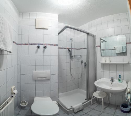 uma casa de banho com um chuveiro, um WC e um lavatório. em Gästehaus Marion em Dettingen an der Erms