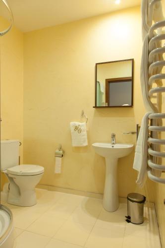 a bathroom with a toilet and a sink and a mirror at Hotel Ostrawa in Wodzisław Śląski
