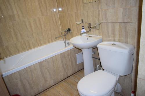 a bathroom with a toilet and a sink and a bath tub at Apartament Hospital View Independentei RHBM in Baia Mare