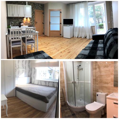 dwa zdjęcia kuchni i salonu w obiekcie Cunami w mieście Nida