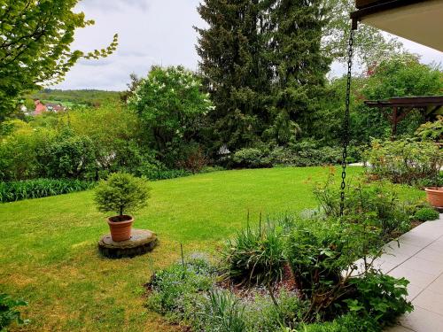 a garden with a green yard with a potted plant at Ferienwohnung am Parkwohnstift in Bad Kissingen