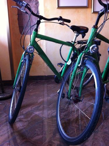 a green bike parked next to a wall at Hotel Gerber in Hösbach