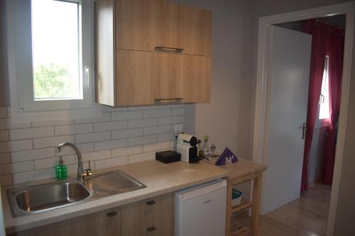 a kitchen with a sink and a window at Tsonas Apartments in Lygia