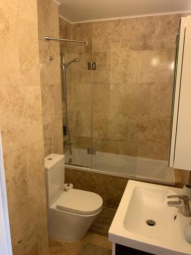 a bathroom with a toilet and a sink and a tub at Floreasca Apartment Bach in Bucharest