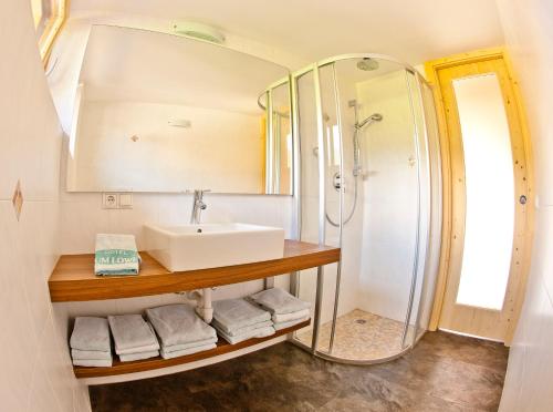 uma casa de banho com um lavatório e um chuveiro em Hotel Zum Löwen - Al Leone em Meltina