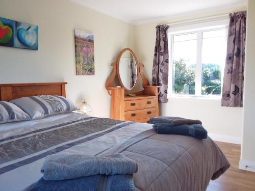 a bedroom with a bed and a mirror and a window at Golden Hills Farm Cottage in Nelson