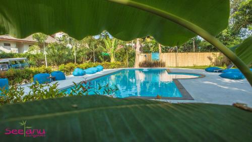 - une piscine dans une cour avec des chaises bleues dans l'établissement Seetanu Bungalows, à Srithanu