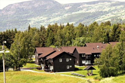 an aerial view of a house with mountains in the background at Hafjell Alpinlandsby Pluss in Hafjell
