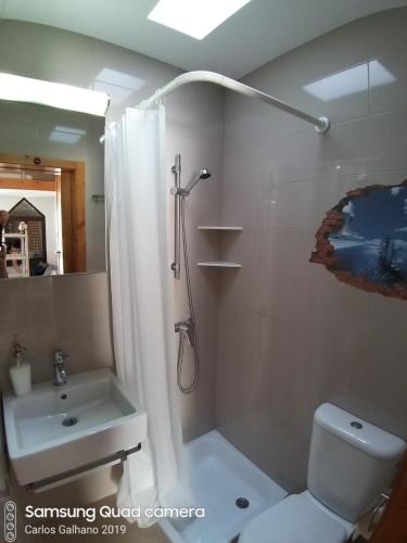 a bathroom with a shower and a toilet and a sink at Casa Daniel in Sesimbra