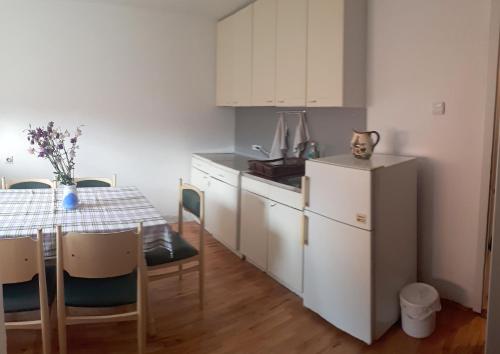 a kitchen with a table and a white refrigerator at Edelweiss Hostel in Štip