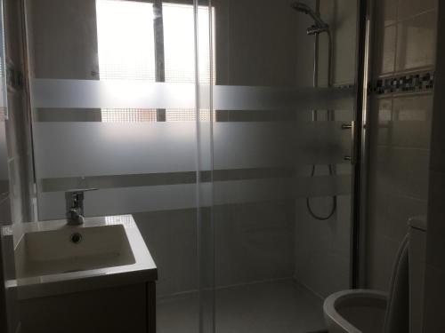 uma casa de banho com um chuveiro e um lavatório. em Vakantieverblijf Villa Kluever em Alhaurín de la Torre