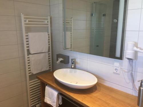 a bathroom with a white sink and a mirror at Gasthof zum Ochsen in Mössingen