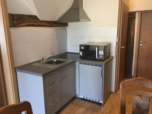 a small kitchen with a sink and a microwave at Gasthof zum Ochsen in Mössingen