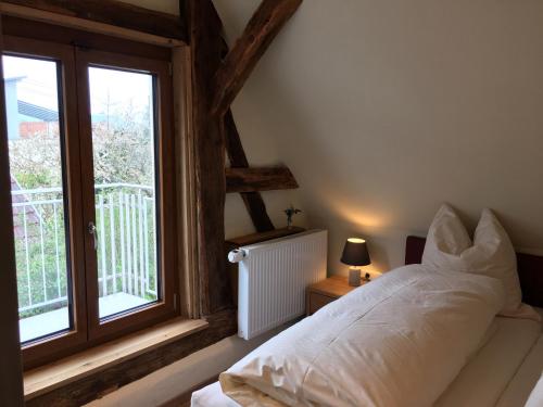 Gasthof zum Ochsen في موسينغن: غرفة نوم بسرير ونافذة كبيرة