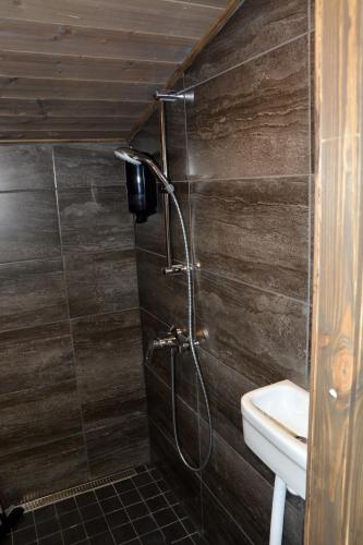 a bathroom with a shower and a sink at Revontuli Resort Glass Igloos in Hankasalmi