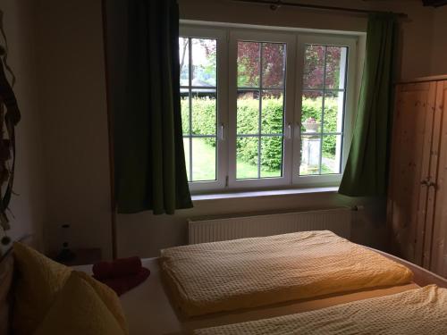 Un dormitorio con una cama y dos ventanas en Landhaus Gohrisch, en Kurort Gohrisch