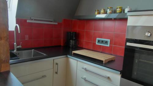a small kitchen with red tiles on the wall at Schuster Villa in Markneukirchen