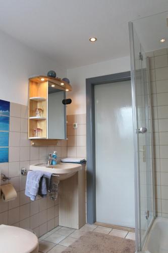 紐克爾遜的住宿－Ferienwohnung Süderdeich，一间带水槽和淋浴的浴室