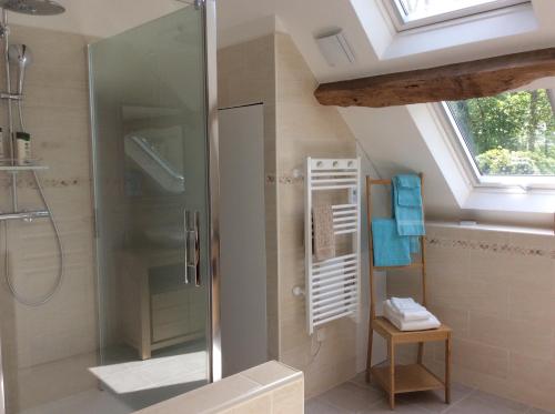 uma casa de banho com um chuveiro e uma cabina de duche em vidro. em L’Orme des voyageurs em Boutigny