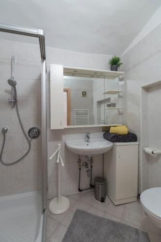 a bathroom with a sink and a shower and a toilet at Albergo Diffuso ELA Living - Apartment Bellepoque in Egna
