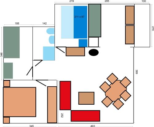 a plan of a building with different colors and patterns at H5 Haus Schwalbennest Kaminofen WLAN in Butjadingen