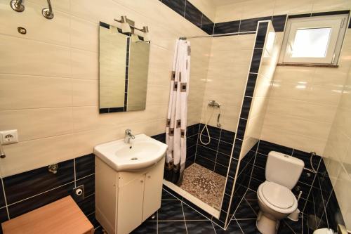 ein Badezimmer mit Waschbecken, Toilette und Spiegel in der Unterkunft Apartmani Lukic in Vir