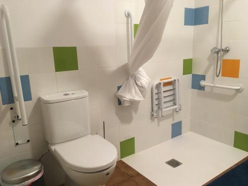 a bathroom with a toilet and a shower at El Albergue de Sigüenza in Sigüenza