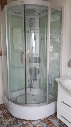 a glass shower in a bathroom with a sink at Gramke/Henkel Quellenburgstraße in Sprockhövel