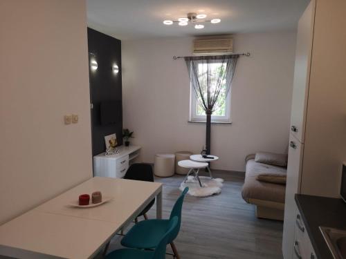 a kitchen and living room with a table and chairs at Apartment Vesna in Novalja