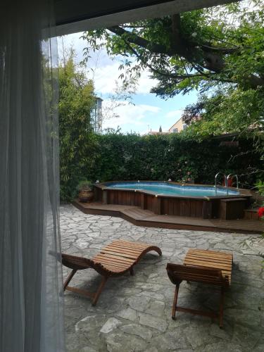 un patio avec deux bancs et une piscine dans l'établissement Grand studio avec piscine, à Montpellier