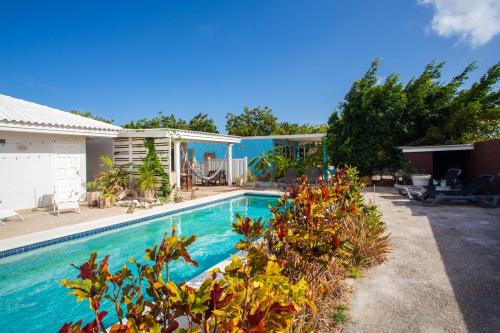 a swimming pool in front of a house at Tropical Breeze Curaçao in Santa Catharina