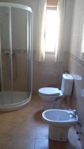 a bathroom with a toilet and a shower and a sink at Casas Valleiruelas in Las Cruceras