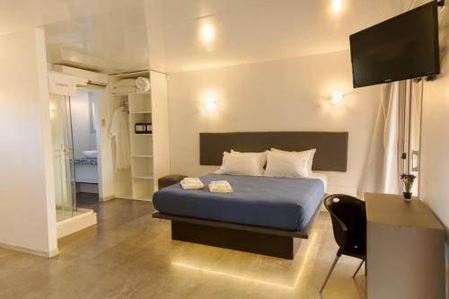 a bedroom with a bed and a desk and a television at Undarius Hotel (exclusively gay men) in Punta del Este