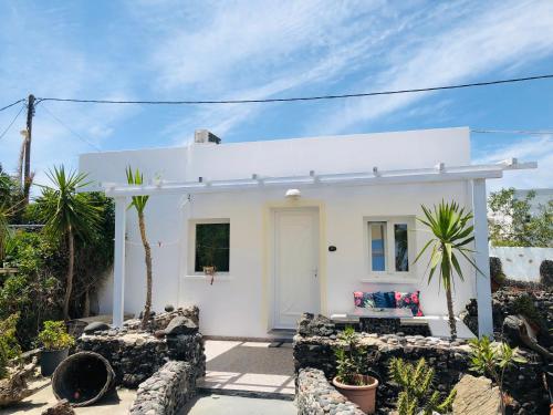 ein weißes Haus mit Pflanzen davor in der Unterkunft Villa Livadaros in Karterados