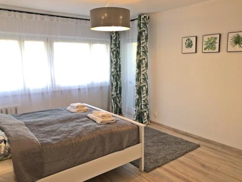 a bedroom with a bed and a large window at Apartament Swoboda in Poznań