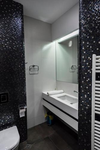 a bathroom with a sink and a toilet and a mirror at Parliament on Rustaveli Studio in Tbilisi City