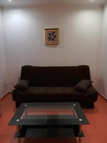 a living room with a black couch and a glass table at Rooms and Apartments Milana in Bar