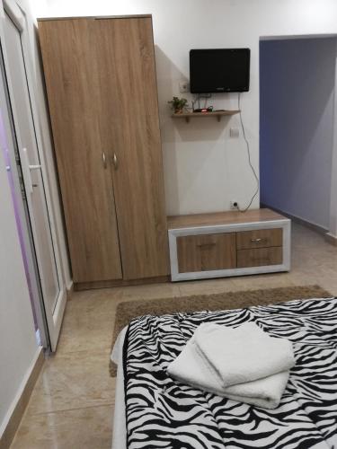 a bedroom with a bed and a tv and a cabinet at Rooms and Apartments Milana in Bar