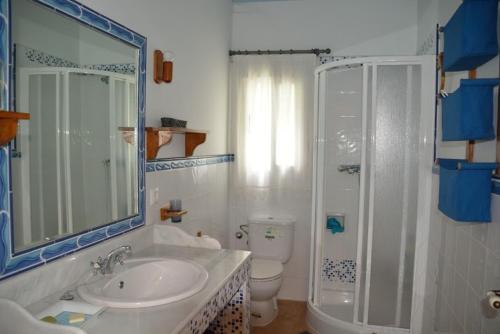 a bathroom with a sink and a shower and a toilet at Casa en plena naturaleza. in Valdecañas de Tajo