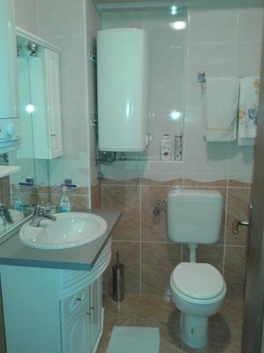 een badkamer met een wit toilet en een wastafel bij Apartmani Belajec in Dramalj