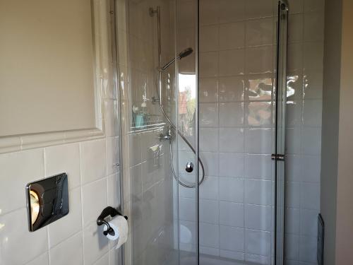a shower with a glass door in a bathroom at Ranczo w Dolinie Karpia - blisko "Energylandii" Zator in Spytkowice