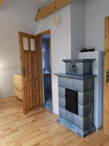 a kitchen with a stove in a room at Ranczo w Dolinie Karpia - blisko "Energylandii" Zator in Spytkowice
