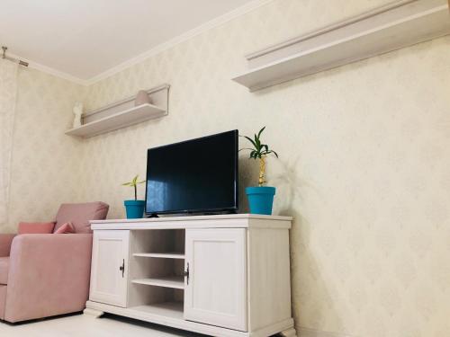a living room with a tv on a cabinet at Classic Apartment in Boryspilʼ