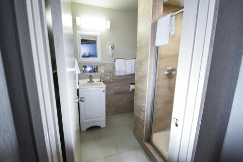 y baño con lavabo y ducha. en Belcaro Motel, en Denver