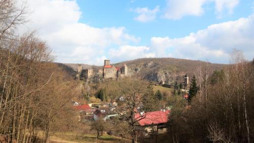 a castle on top of a hill with houses at JM Apartments in Hardegg