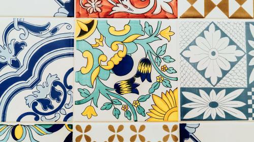 a group of four different types of tiles at Villa Cua in Ercolano