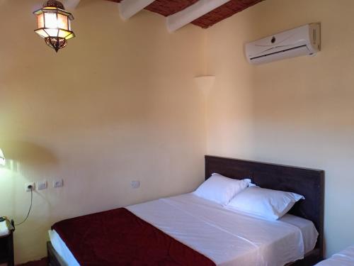 a bedroom with a bed and a light and a fan at Tizi Maison d'Hôtes in Telouet